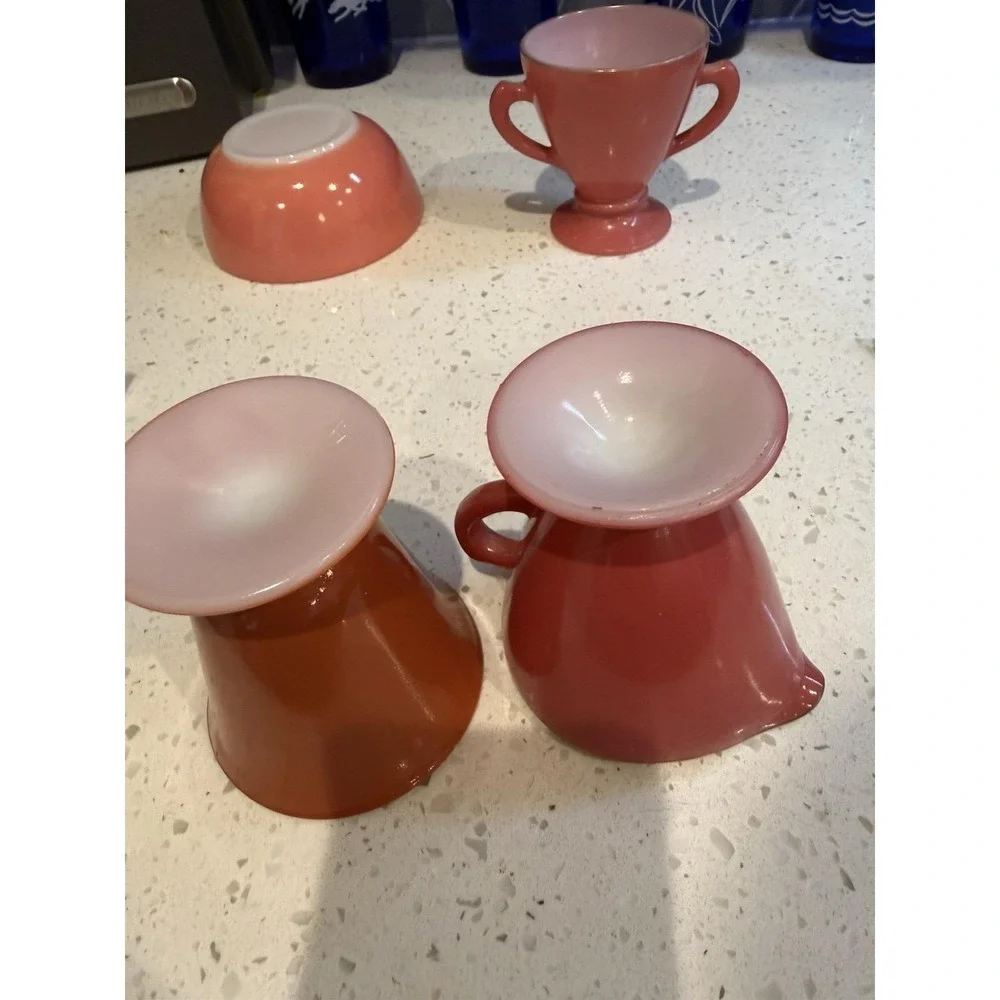 Hazel Atlas Ovide Raspberry Plum Pink Creamer And Sugar Mid Century Glass